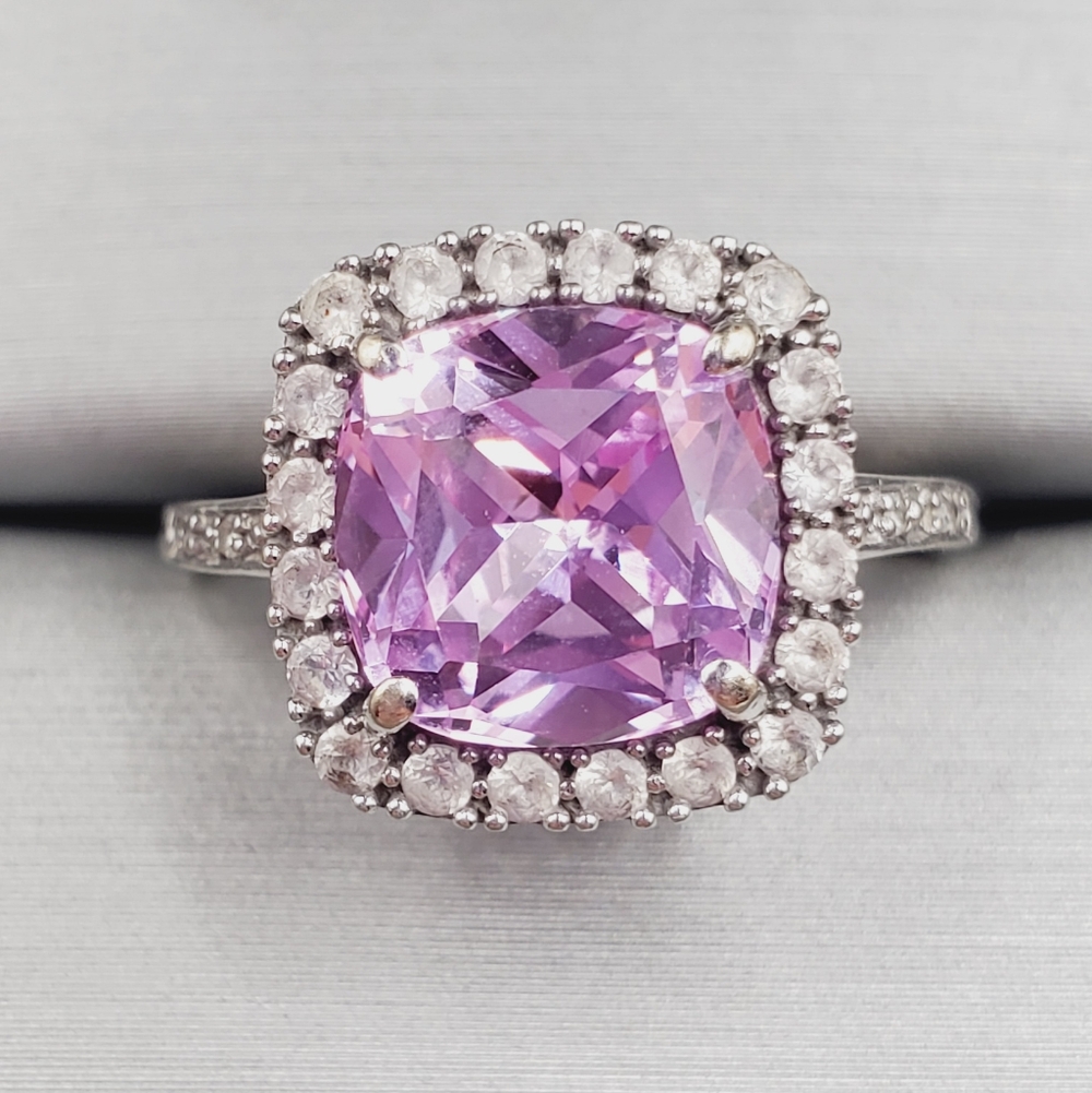 Pink Topaz Cushion Halo Ring in Solid 10K White Gold